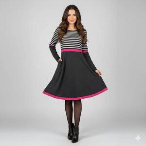 Eliza J Striped Sweater Dress Large Gray & Pink Fit & Flare Knit Long Sleeve